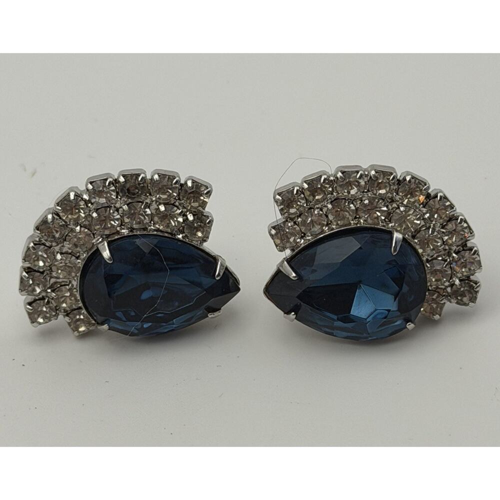 2/15 Silver Tone Glass Faux Sapphire Clip-On Earrings Rhinestones Cocktail